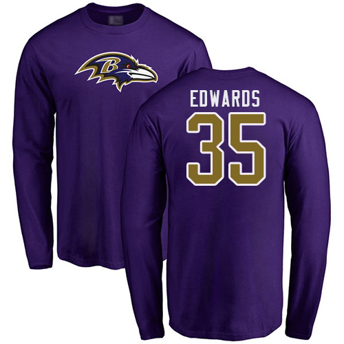 Men Baltimore Ravens Purple Gus Edwards Name and Number Logo NFL Football #35 Long Sleeve T Shirt->nfl t-shirts->Sports Accessory